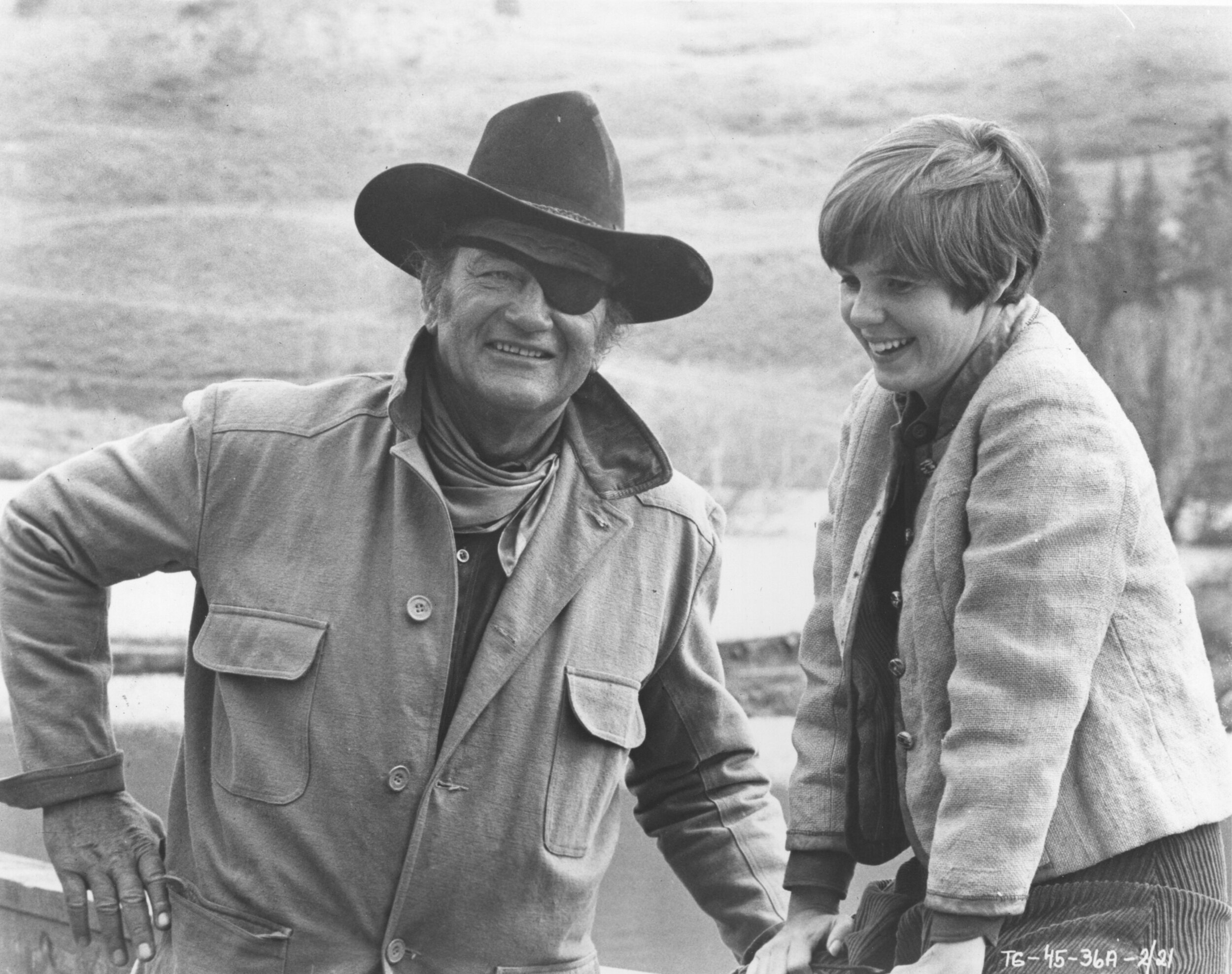 John Wayne (Rooster Cogburn) with Kim Darby on the set of True Grit (1969) in Ridgway, CO.
